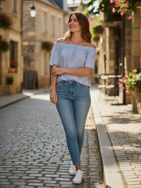 NUMPH Women's Justyne Blue White Striped Off The Shoulder Seersucker Blouse 36